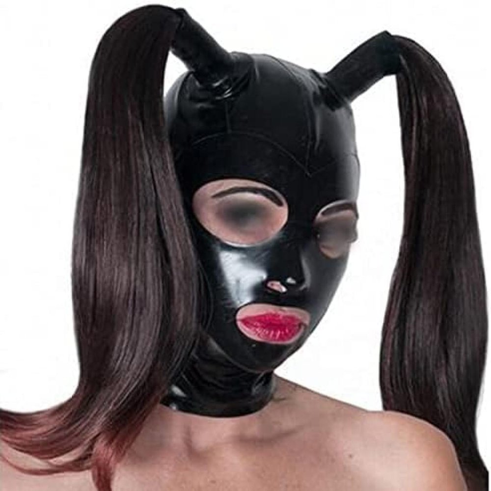ANTIY Black Latex Hood With Double Black Ponytail Wig Back Zipper Rubber Mask Cosplay Party,Without Wig(hollow Hair Tube),XX-Large