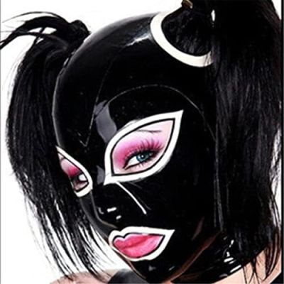 Black Latex Hood with Double Hair Braid Holes(Not Wig) Back Zipper with White Trim Rubber for Women,Small