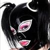 Black Latex Hood with Double Hair Braid Holes(Not Wig) Back Zipper with White Trim Rubber for Women,Small view 1
