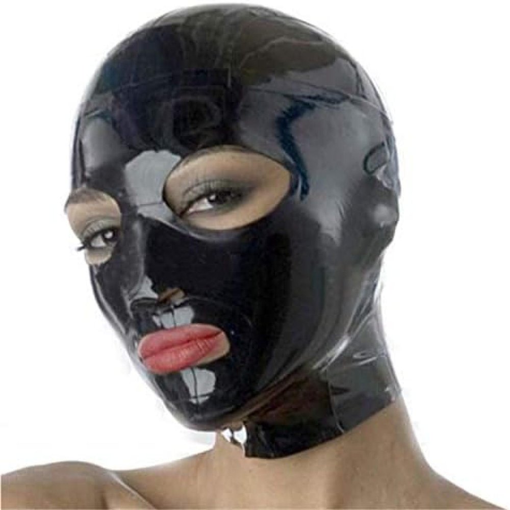 Black Latex Hood Back Zipper Open Eyes Mouth Rubber Mask for Unisex Club Party Wear,X-Large