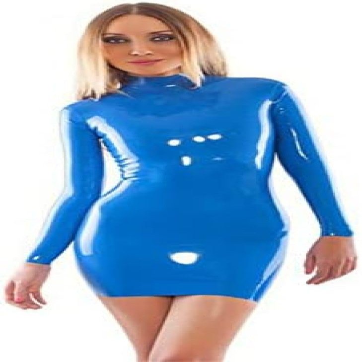 ANTIY Blue Latex Dress Without Zipper Long Sleeve Slim Tight Buttock Skirt Club Party Wear Costume,Black,Blue,Customize Size