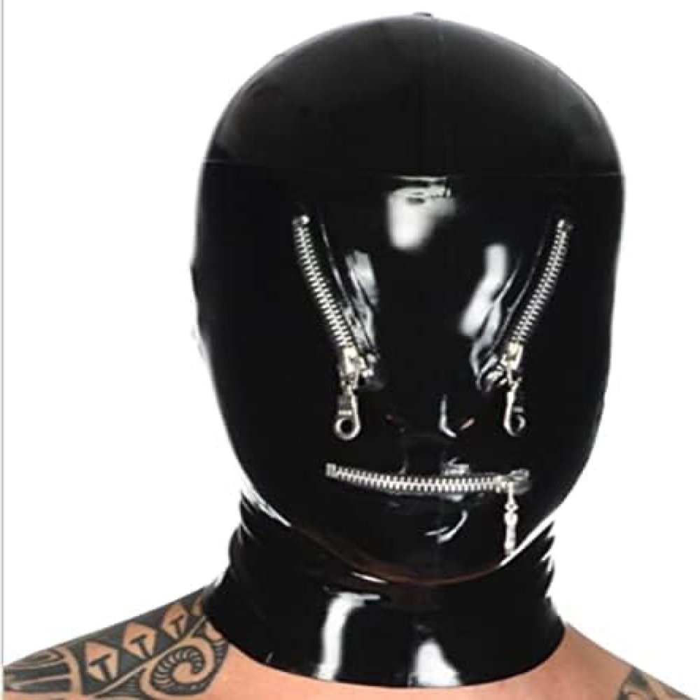 Black Latex Hood with Zippers On Eyes and Mouth Open Nose Back Zipper Rubber Mask,X-Large