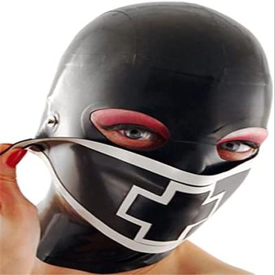 Latex Hood with Detachable Mouth Back Zipper Open Eyes Mouth Nose Club Party Wear,White,X-Large