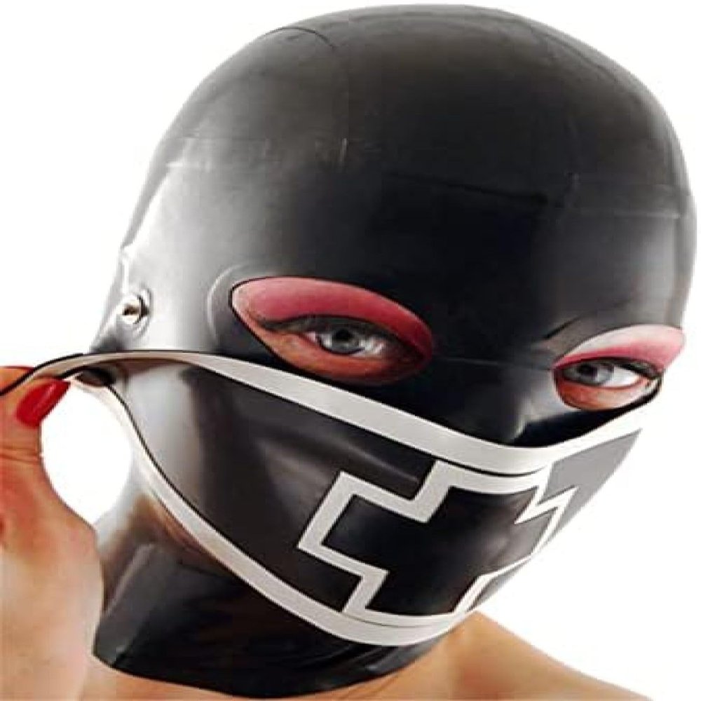 Latex Hood with Detachable Mouth Back Zipper Open Eyes Mouth Nose Club Party Wear,White,X-Large