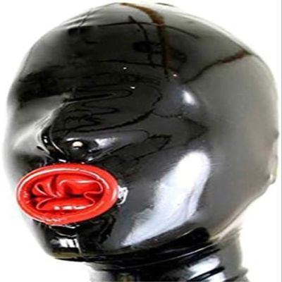 Black Latex Hood with Inner Red Mouth Condom Open Nose Back Zipper Rubber Mask,X-Small