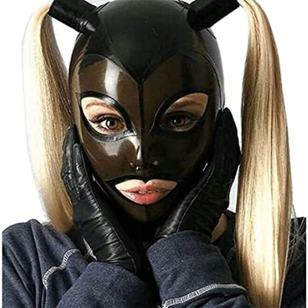 ANTIY Latex Hood with Double Blond Pigtail Wig Back Zipper Rubber Mask with Golden Ponytail, Club Party Wear, Small