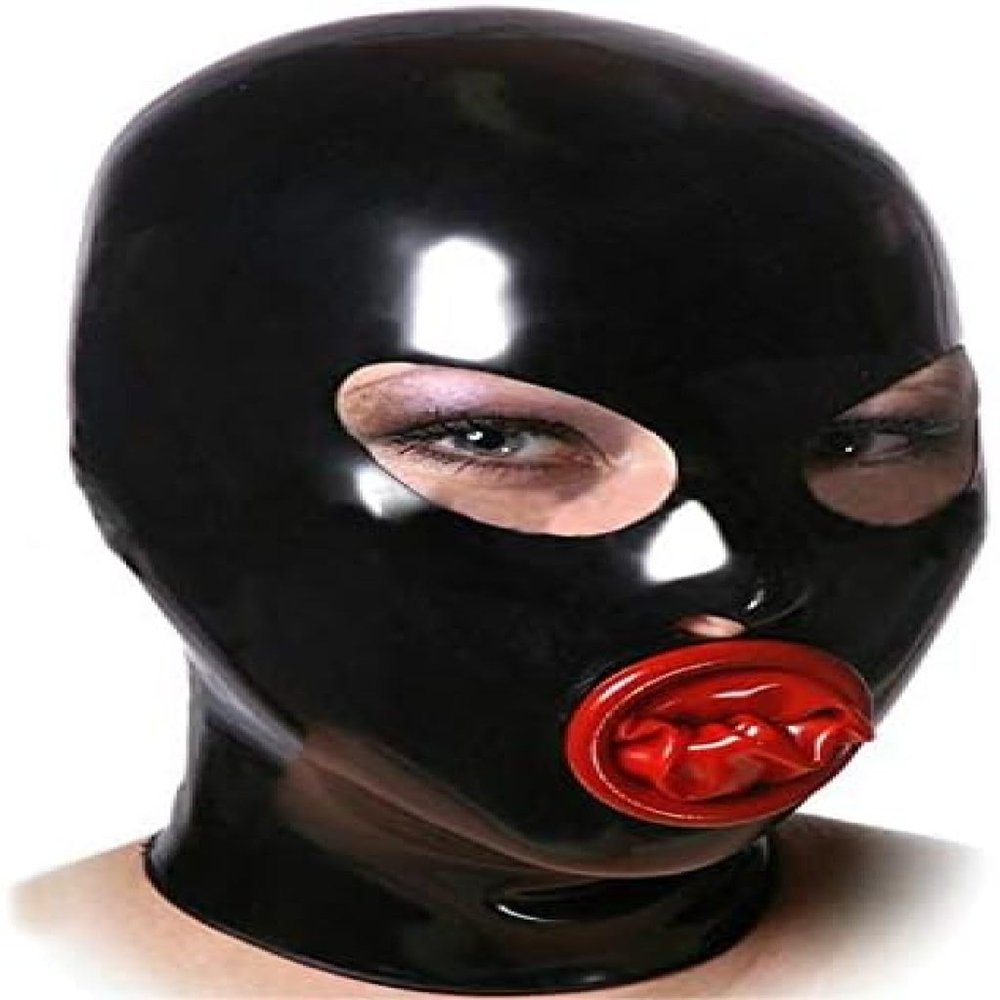 Black Latex Hood with Inner Red Mouth Condom Open Eyes Nose Back Zipper Rubber Mask Club,X-Large