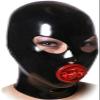 Black Latex Hood with Inner Red Mouth Condom Open Eyes Nose Back Zipper Rubber Mask Club,X-Large view 1