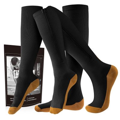 cerpite Zipper Compression Socks Men & Women - 2 Pairs Of 15-20mmhg Closed Toe Compression Socks Knee High,Suit For Running,, Black Copper, 4XL