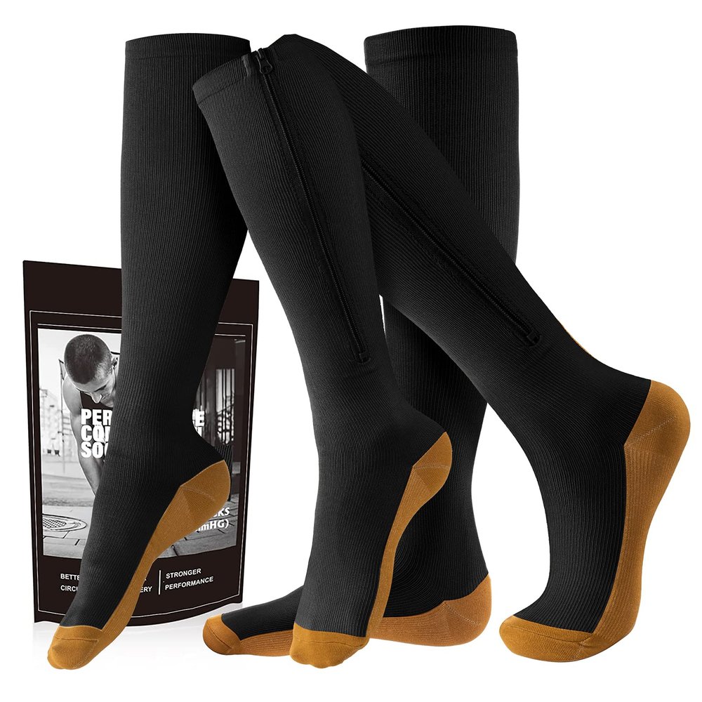 cerpite Zipper Compression Socks Men & Women - 2 Pairs Of 15-20mmhg Closed Toe Compression Socks Knee High,Suit For Running,, Black Copper, 4XL