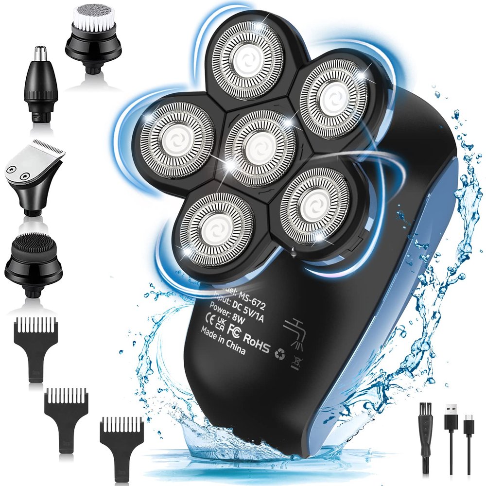 Head Shaver for Men 6D, 6 in 1 Rotating Electric Shavers for Bald Men Wet & Dry USB Rechargeable IPX7 Waterproof Rotary Shavers Cordless Beard Trimmer