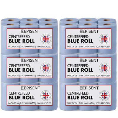 EPISENT Blue Roll 2-Ply Centre Feed Paper Towels, Super Absorbent, Food Safe & Recyclable Commercial Wiping Roll for Kitchen, Garage, Bathrooms & Cleaning Dispensers (Pack of 6-36 Rolls)