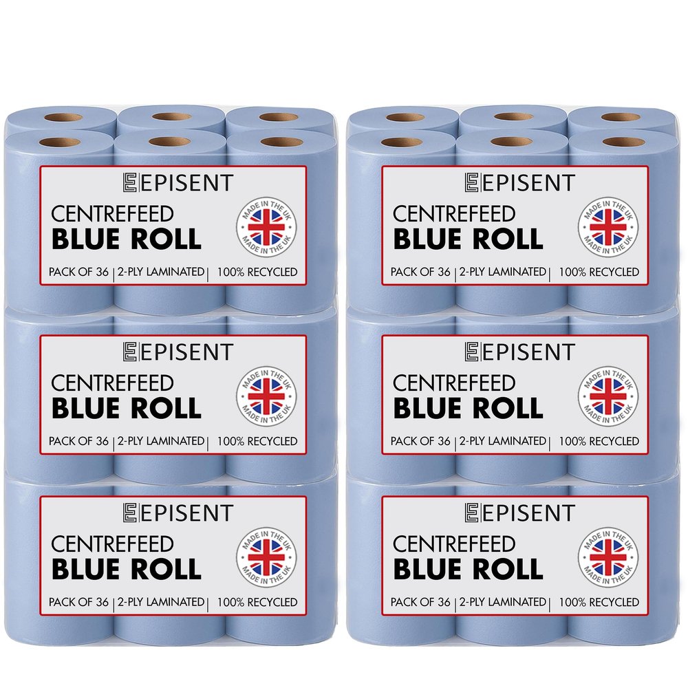 EPISENT Blue Roll 2-Ply Centre Feed Paper Towels, Super Absorbent, Food Safe & Recyclable Commercial Wiping Roll for Kitchen, Garage, Bathrooms & Cleaning Dispensers (Pack of 6-36 Rolls)