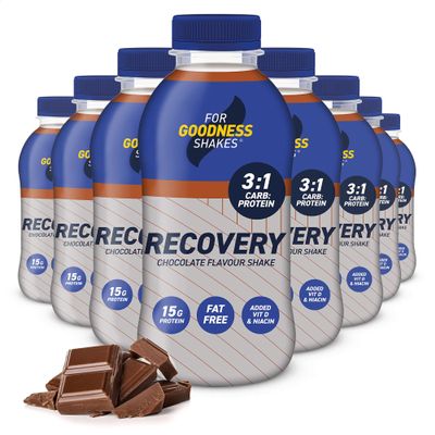 For Goodness Shakes Chocolate Flavour Recovery Drink, 15g Protein, Ready-To-Drink, Fat-Free, Packed With Essential Recovery Vitamin D, B12, Folic Acid & Niacin Protein Shake Drink, 248 Kcal, 8x435ml