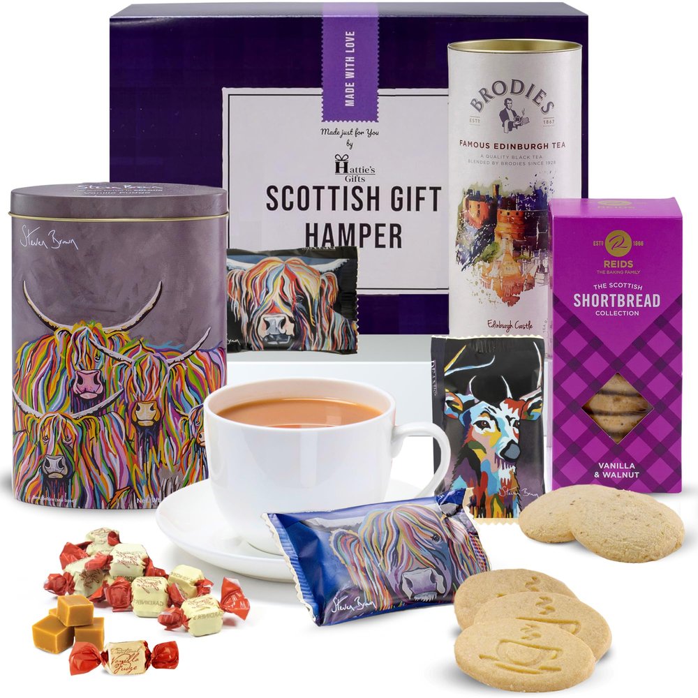 Scottish Afternoon Tea Hamper  Hatties Gifts Luxury Tea and Biscuits Gift Set with Steven Brown Vanilla Fudge  Premium Scottish Gifts for Women and Men
