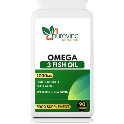 PUREVINE - Omega 3 Fish Oils 1000mg 90 Capsules | High Strength Daily Omega 3 Fatty Acid Supplement with DHA and EPA - Omega 3 Capsules High Strength| UK Manufactured to GMP Standards