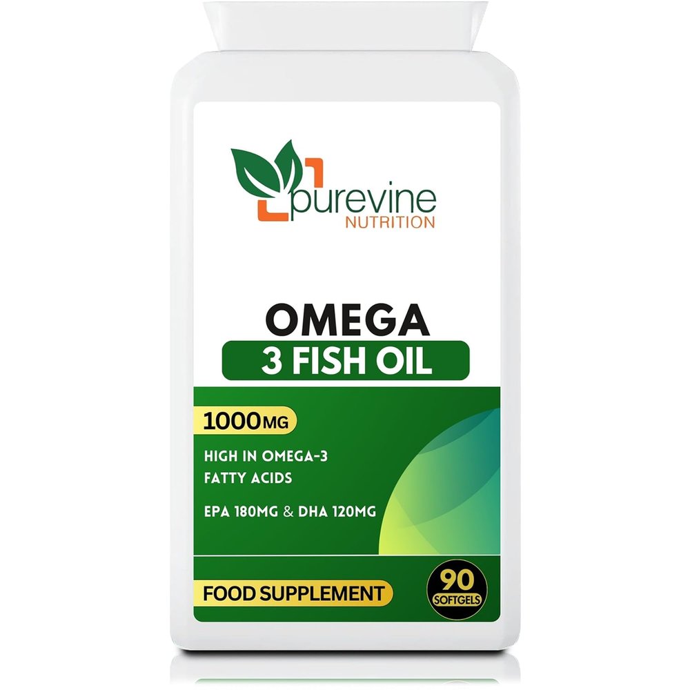 PUREVINE - Omega 3 Fish Oils 1000mg 90 Capsules | High Strength Daily Omega 3 Fatty Acid Supplement with DHA and EPA - Omega 3 Capsules High Strength| UK Manufactured to GMP Standards