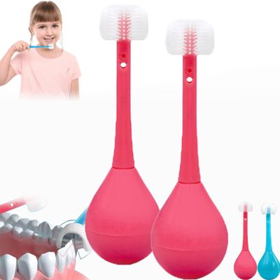Three-Sided Children's Toothbrush,Three Sides Soft Silicone Brush Head Toothbrush, Cute Cartoon Creative Soft Toothbrush, Suitable for Children Aged 2-12 (2*Pink)