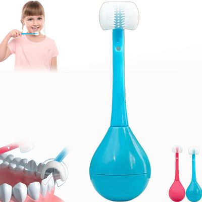 Three-Sided Children's Toothbrush, Three Sides Soft Silicone Brush Head Toothbrush, Cute Cartoon Creative Soft Toothbrush, Suitable for Children Aged 2-12 (Blue)