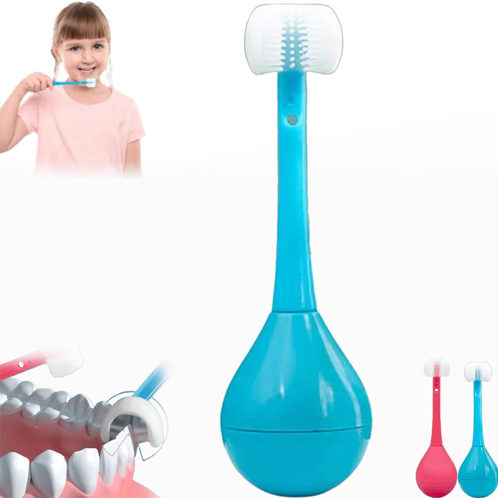Three-Sided Children's Toothbrush, Three Sides Soft Silicone Brush Head Toothbrush, Cute Cartoon Creative Soft Toothbrush, Suitable for Children Aged 2-12 (Blue)