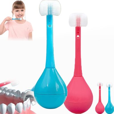 Three-Sided Children's Toothbrush, Three Sides Soft Silicone Brush Head Toothbrush, Cute Cartoon Creative Soft Toothbrush, Suitable for Children Aged 2-12 (Pink+Blue)