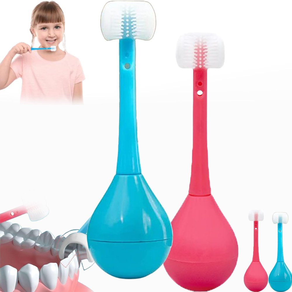 Three-Sided Children's Toothbrush, Three Sides Soft Silicone Brush Head Toothbrush, Cute Cartoon Creative Soft Toothbrush, Suitable for Children Aged 2-12 (Pink+Blue)