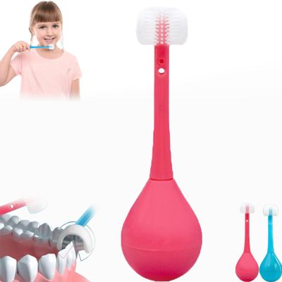 Three-Sided Children's Toothbrush, Three Sides Soft Silicone Brush Head Toothbrush, Cute Cartoon Creative Soft Toothbrush, Suitable for Children Aged 2-12 (Pink)