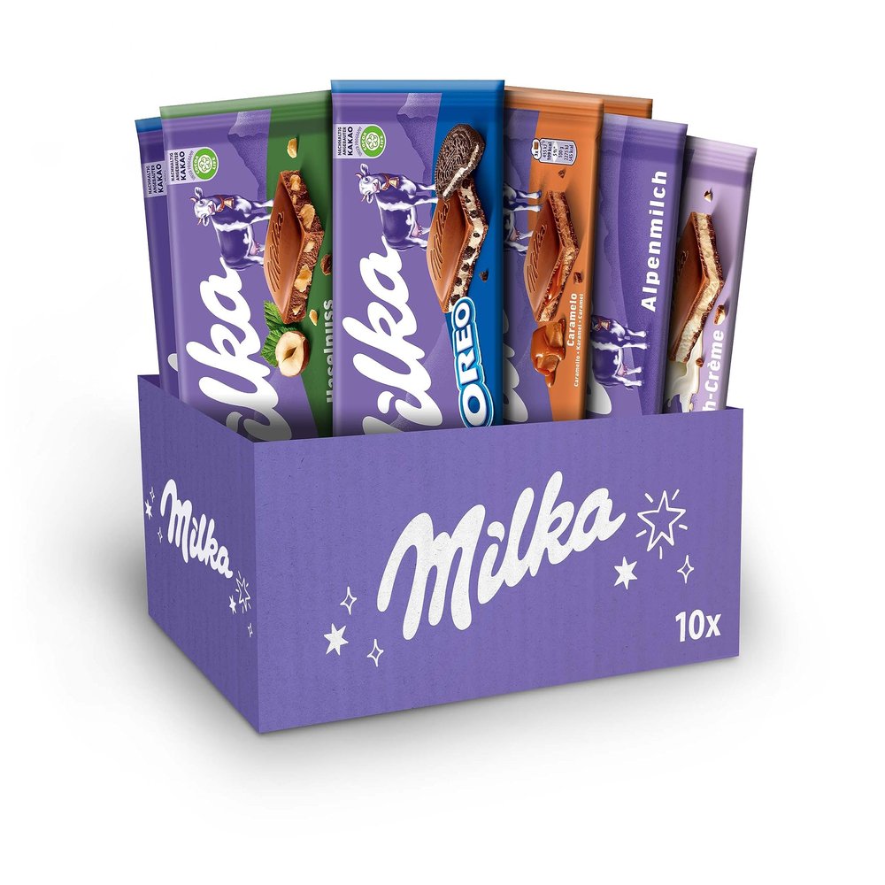 Milka Selection Gift Box, Assorted Creamy Alpine Chocolate Bars, Delightful Mix of Five Flavours, 90 g Bars (Pack of 10 Bars)