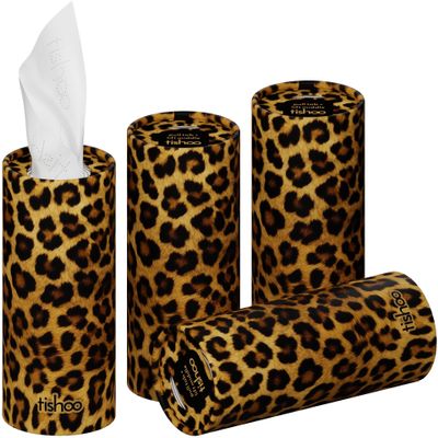 tishoo Hyaluronic Acid-Infused 4-ply Ultra Luxury Tissues | for Car Cup Holders, Home & Travel | 4 Tubes x 40 Sheets | Brown/Leopard