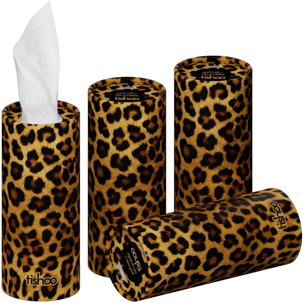 tishoo Hyaluronic Acid-Infused 4-ply Ultra Luxury Tissues | for Car Cup Holders, Home & Travel | 4 Tubes x 40 Sheets | Brown/Leopard