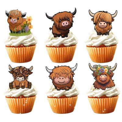 18pcs Highland Cow Cupcake Toppers for Boys Girls Adult Happy Birthday Glitter Western Rodeo Farm Party Decorations Supplies Glitter Highland Cow Cake Decorations