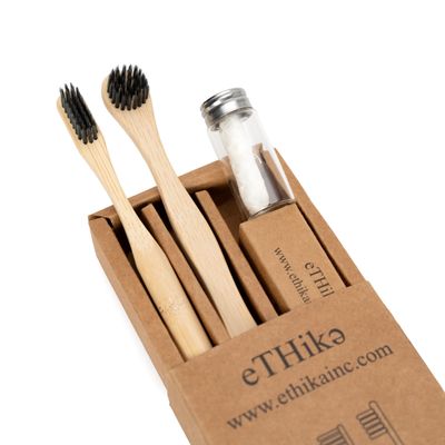 eTHik Complete Oral Care Kit - Charcoal Bamboo Toothbrush, Bamboo Tongue Brush, and Mint Dental Floss in Glass Jar