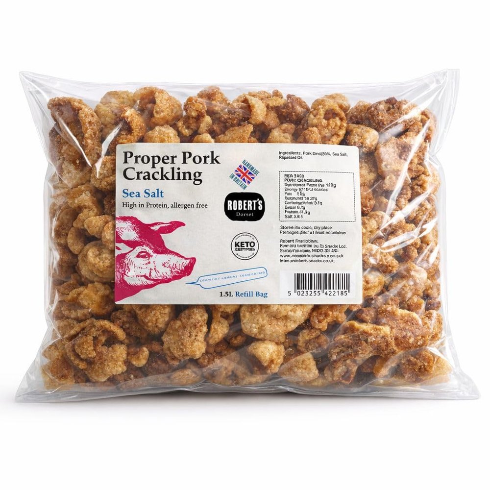 Proper Pork Crackling - 1.5L Refill Bag Available in Multiple Flavours - Keto-friendly, Allergen-Free, Low Carb & High Protein, Handmade in Britain (Sea Salt)