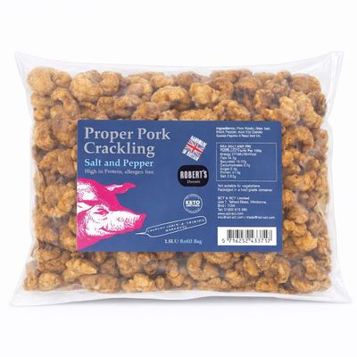 Proper Pork Crackling - 1.5L Refill Bag  Available in Multiple Flavours - Keto-friendly, Allergen-Free, Low Carb & High Protein, Handmade in Britain (Sea Salt & Pepper)