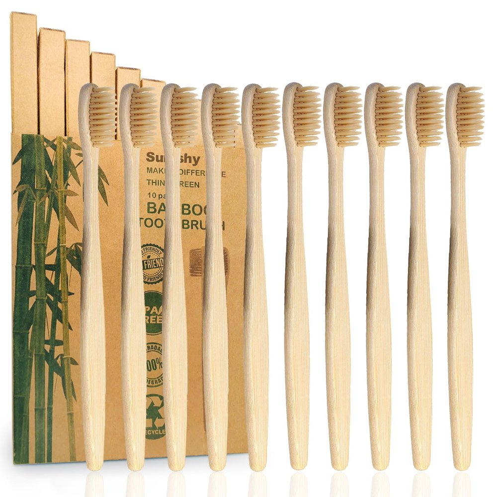 10 Pack Beige Bamboo Toothbrushes | Biodegradable & Compostable Eco-Friendly Natural Bamboo Charcoal Toothbrushes | BPA Free Soft Bristles Wooden Toothbrush - 100% Recycled Packaging