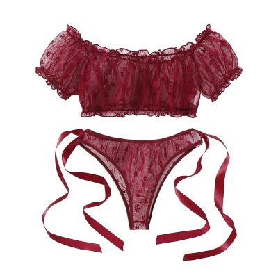 Rrunsv Embroidery G-string The polyester For Dressing Outside Lady Wet Look Lingerie for Women Open Crotch Wine