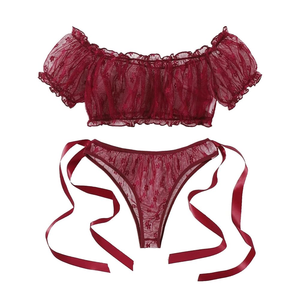 Rrunsv Embroidery G-string The polyester For Dressing Outside Lady Wet Look Lingerie for Women Open Crotch Wine