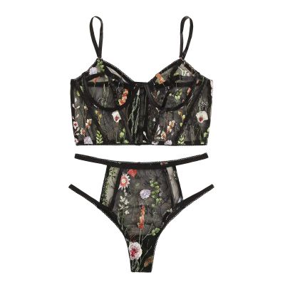 Rrunsv Underwear Underwear See-through Sexy Floral Embroidery Mesh Ladies plus Size Lingerie for Sexy Costume Black