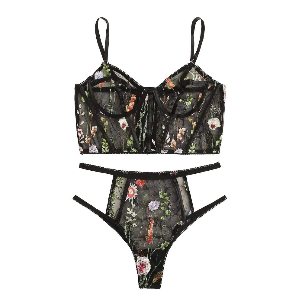 Rrunsv Underwear Underwear See-through Sexy Floral Embroidery Mesh Ladies plus Size Lingerie for Sexy Costume Black