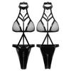 Rrunsv Women's Sexy Leather Open Back See Through Mesh Three Point Sexy Suit Sexy Valentines Day Lingerie Black view 2