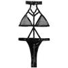 Rrunsv Women's Sexy Leather Open Back See Through Mesh Three Point Sexy Suit Sexy Valentines Day Lingerie Black view 3