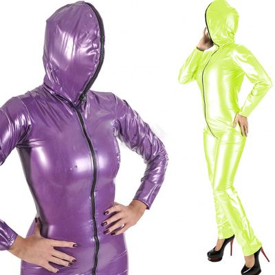 High Street Leather Long Sleeve Catsuit Elastic PVC Zip Front Hooded Bodysuit Costumes Jumpsuit 7XL,fluorescent Green,M
