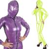 High Street Leather Long Sleeve Catsuit Elastic PVC Zip Front Hooded Bodysuit Costumes Jumpsuit 7XL,fluorescent Green,M view 1