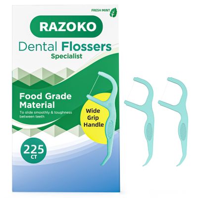 RAZOKO Dental Floss Picks | Toothpick, Shred-Resistant Floss, Easy Grip Handle, Fresh Mint Flavor, 75 Count (Pack of 3)