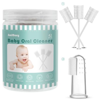 SmilBoxy 42PCS + 1 Finger Baby Toothbrush with Box Absorbent Gauze Oral Cleaner, Baby Tongue Cleaner, Disposable Infant Tongue Cleaner Newborn Oral Cleaner Gentle Cleaning Care for 0-36 Months Babies