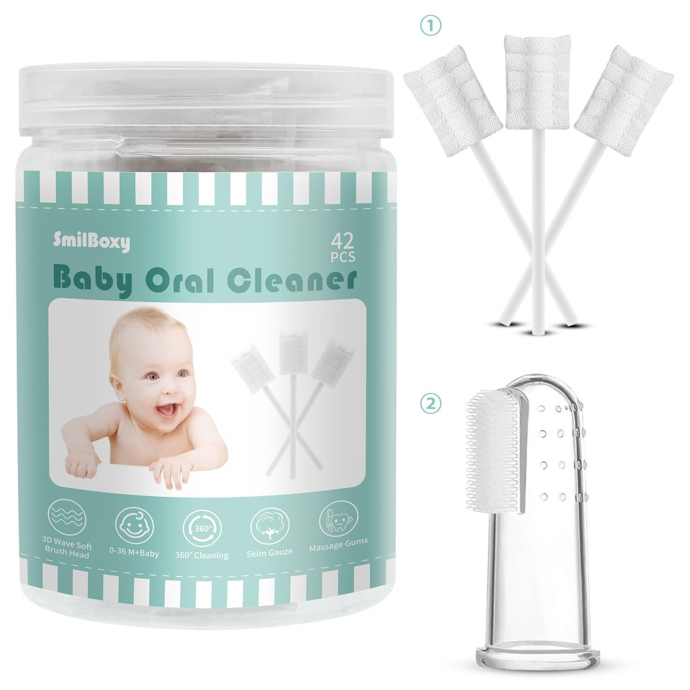 SmilBoxy 42PCS + 1 Finger Baby Toothbrush with Box Absorbent Gauze Oral Cleaner, Baby Tongue Cleaner, Disposable Infant Tongue Cleaner Newborn Oral Cleaner Gentle Cleaning Care for 0-36 Months Babies