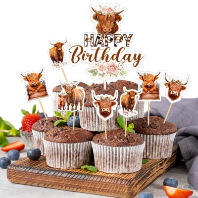 Tanlade 61 Pcs Highland Cow Cake Topper and Highland Cow Cupcake Topper, Highland Cow Birthday Decorations Highland Cattle Cake Decorations for Farm Animal Zoo Boy Girl Birthday Party Decor