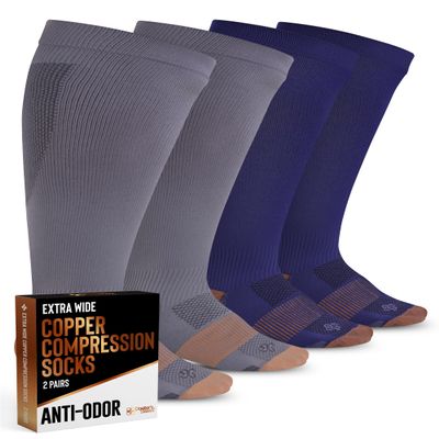 Doctor's Select Copper Plus Size Compression Socks Wide Calf - 2 Pairs | 20-30mmHg Extra Wide Calf Compression Socks Women, Gray / Navy - 2 Pairs, 2X-Large