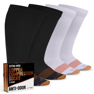 Doctor's Select Copper Plus Size Compression Socks Wide Calf - 2 Pairs | 20-30mmHg Extra Wide Calf Compression Socks Women, White / Black - 2 Pairs, 3X-Large