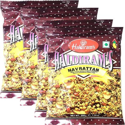 Haldirams Savory Snacks  Easy to Carry Anywhere  Crispy, Crunchy & Spicy  Delicious Indian Namkeen Snacks  Made With Authentic Taste  Enjoy At Tea Time (Navrattan, Pack of 4)